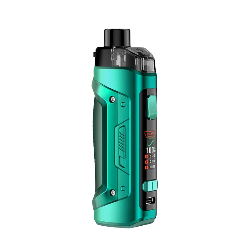 The rugged GeekVape B100 Aegis Boost Pro 2 Pod Mod Kit, showing its screen, pod, and 21700 battery compatibility on a neutral background.