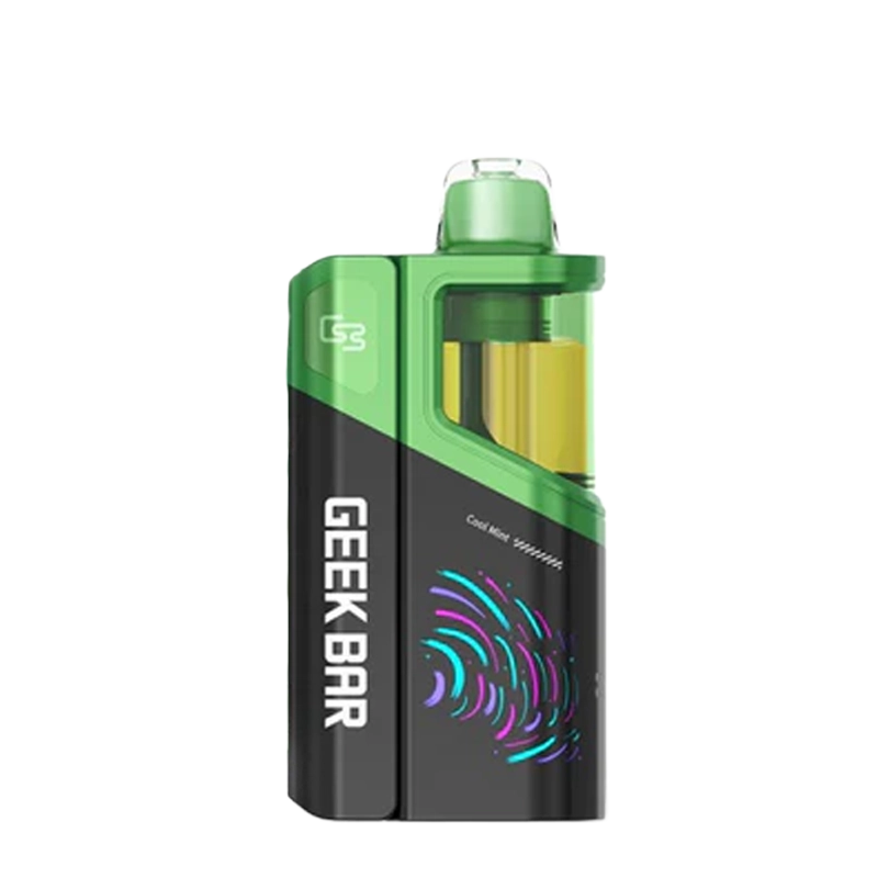 Geek Bar Clio Platinum 50K Disposable Kit - sleek metallic device with 360° dual display screen and transparent pod.