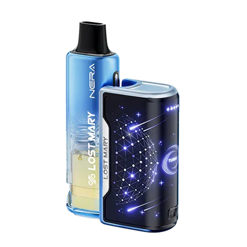 Lost Mary Nera Fullview Disposable Vape Kit including device, charging cable, and lanyard.