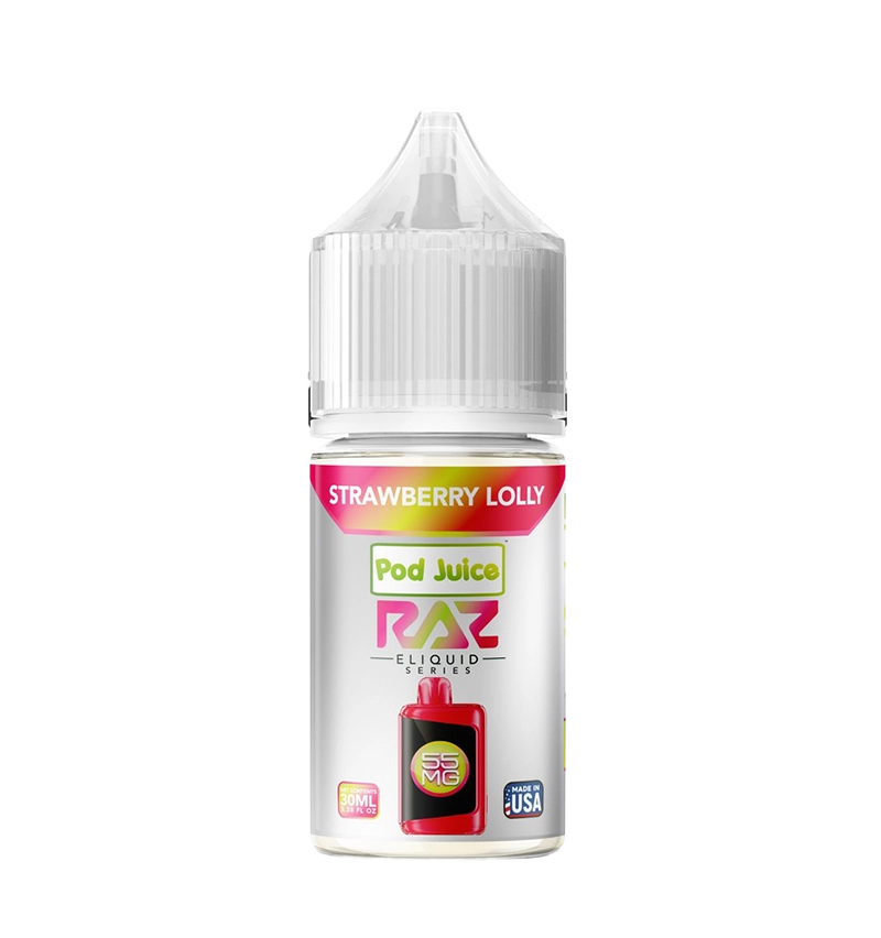Pod Juice x RAZ Strawberry Lolly 30mL candy salt nic bottle