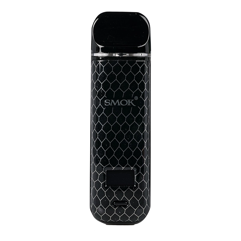 SMOK Novo X 25W Pod Kit - sleek carbon fiber pattern device with 0.49" OLED screen and 2mL refillable pod installed.