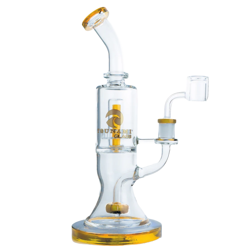 Clear 10-inch Tsunami beaker water pipe with double showerhead percolator on a neutral background, showing detailed glasswork.