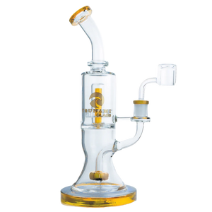 Clear 10-inch Tsunami beaker water pipe with double showerhead percolator on a neutral background, showing detailed glasswork.
