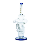 A 13-inch Tsunami water pipe and dab rig featuring a Swiss cheese perc and recycler function, made of clear borosilicate glass.