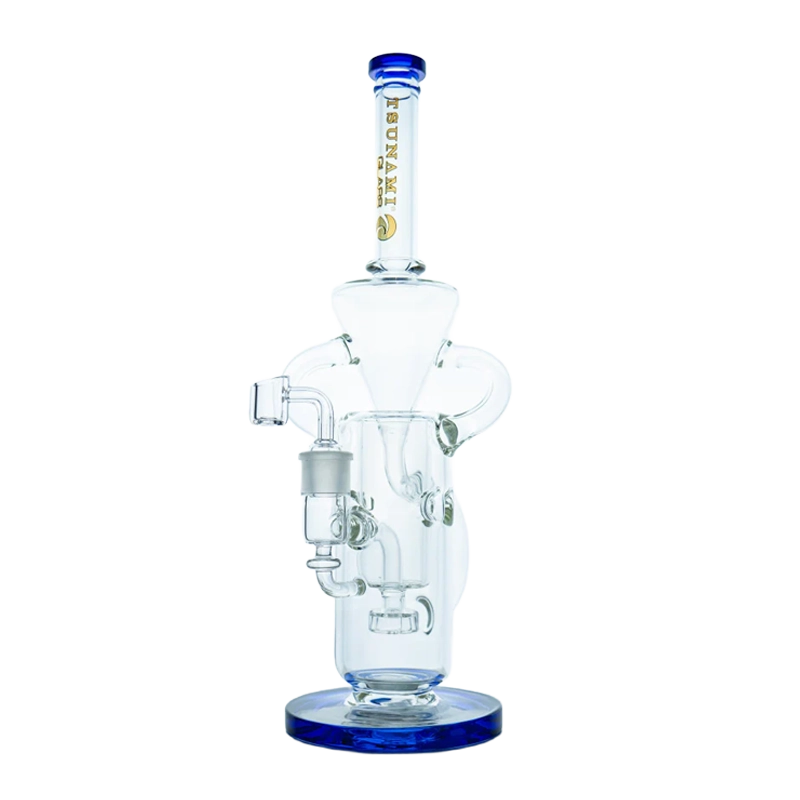 A 13-inch Tsunami water pipe and dab rig featuring a Swiss cheese perc and recycler function, made of clear borosilicate glass.