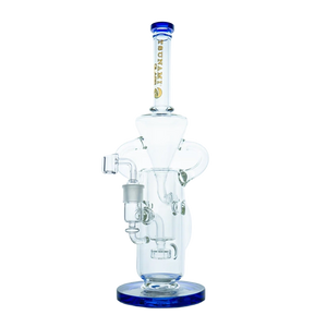 A 13-inch Tsunami water pipe and dab rig featuring a Swiss cheese perc and recycler function, made of clear borosilicate glass.
