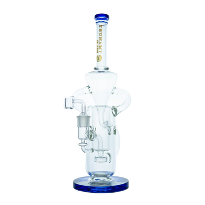 A 13-inch Tsunami water pipe and dab rig featuring a Swiss cheese perc and recycler function, made of clear borosilicate glass.