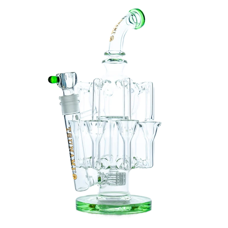 A tall 13-inch clear Tsunami glass water pipe and dab rig with showerhead percolator and stable beaker base, isolated on plain background.