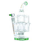 A tall 13-inch clear Tsunami glass water pipe and dab rig with showerhead percolator and stable beaker base, isolated on plain background.
