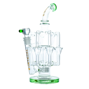 A tall 13-inch clear Tsunami glass water pipe and dab rig with showerhead percolator and stable beaker base, isolated on plain background.