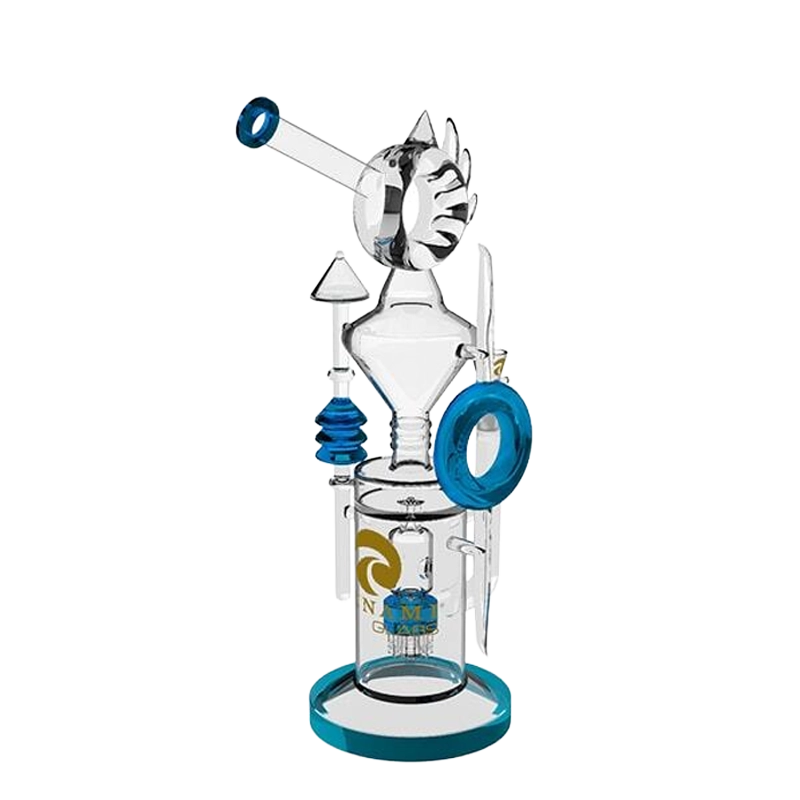 A 15-inch Tsunami glass water pipe featuring a combined shower head percolator and donut recycler chamber, made of clear borosilicate glass.
