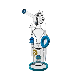 A 15-inch Tsunami glass water pipe featuring a combined shower head percolator and donut recycler chamber, made of clear borosilicate glass.