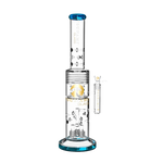 A tall 20-inch Tsunami glass water pipe featuring a combined barrel shower head and drum heart honeycomb percolator on a plain background.