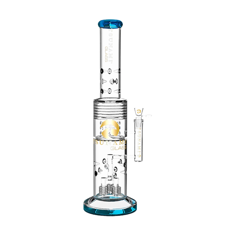 A tall 20-inch Tsunami glass water pipe featuring a combined barrel shower head and drum heart honeycomb percolator on a plain background.