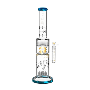 A tall 20-inch Tsunami glass water pipe featuring a combined barrel shower head and drum heart honeycomb percolator on a plain background.