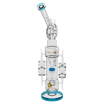 Tall 20-inch Tsunami glass water pipe with a sprinkler shower head percolator and recycler system, clear borosilicate glass on plain background.