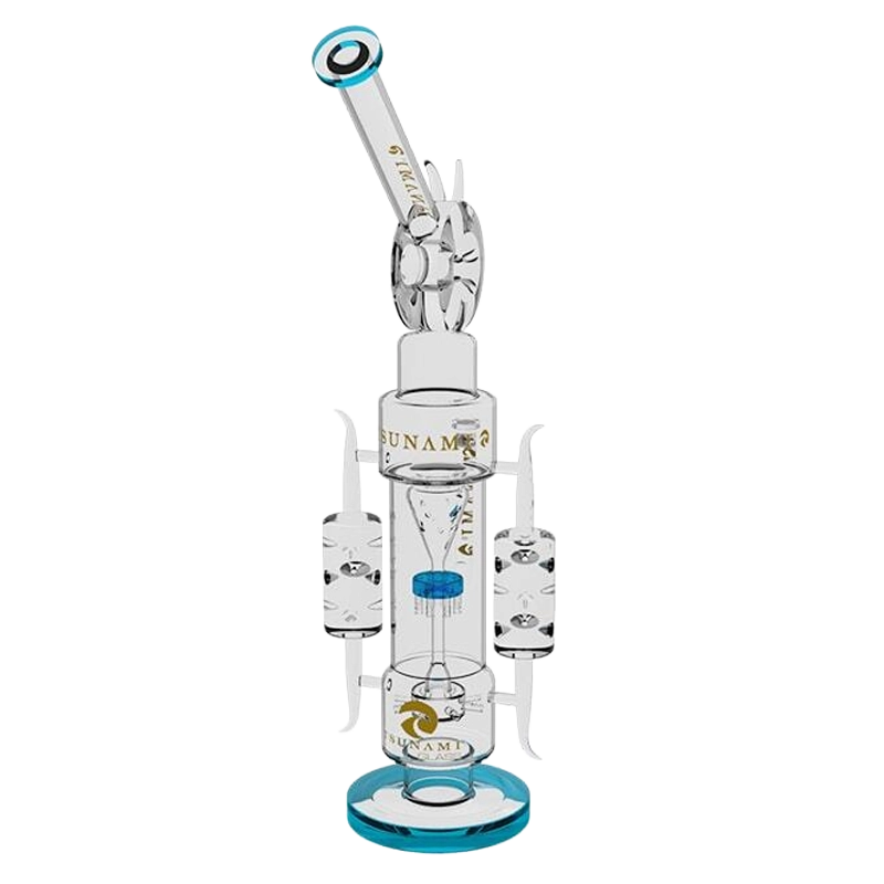Tall 20-inch Tsunami glass water pipe with a sprinkler shower head percolator and recycler system, clear borosilicate glass on plain background.