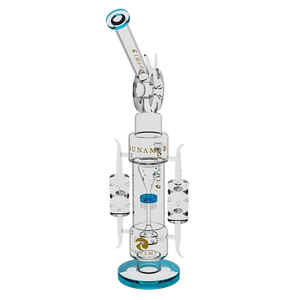 Tall 20-inch Tsunami glass water pipe with a sprinkler shower head percolator and recycler system, clear borosilicate glass on plain background.