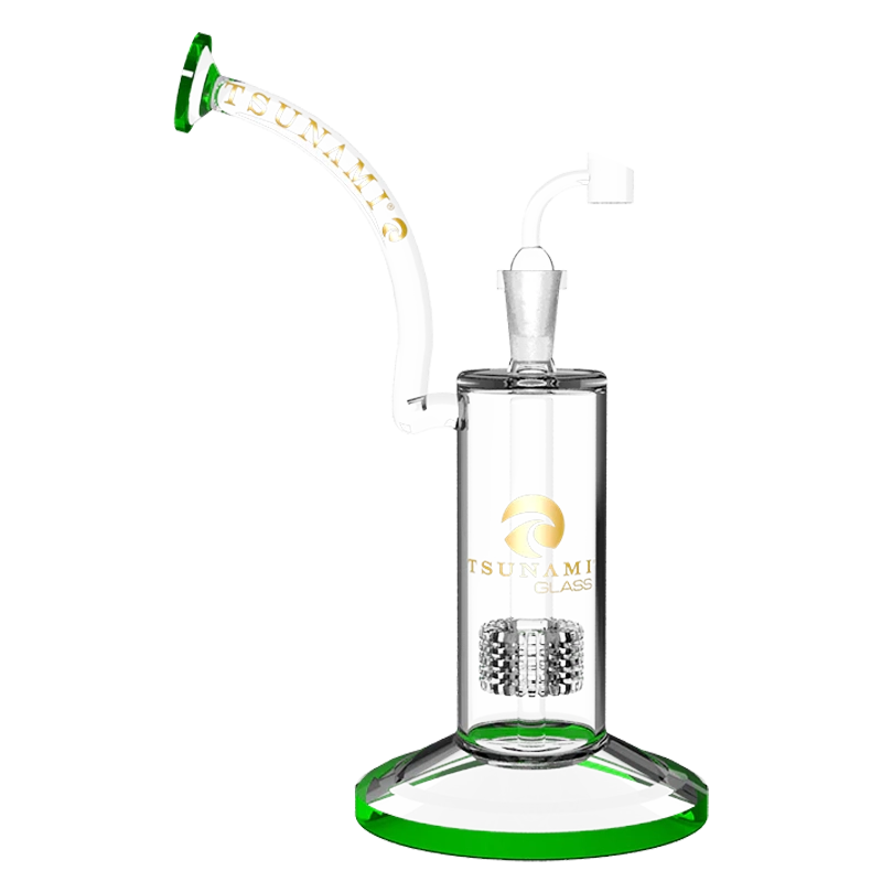 An 11-inch clear Tsunami water pipe and concentrate rig with a showerhead percolator and beaker base on a plain background.