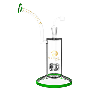 An 11-inch clear Tsunami water pipe and concentrate rig with a showerhead percolator and beaker base on a plain background.