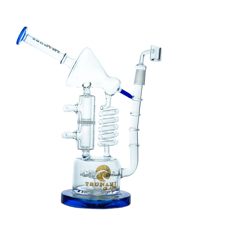 A tall 12-inch clear Tsunami beaker water pipe with a double showerhead percolator on a neutral background, showcasing the glass detail.