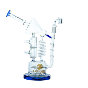 A 12-inch Tsunami glass water pipe with a complex multi-perc and spiral recycler system, clear borosilicate glass on neutral background.