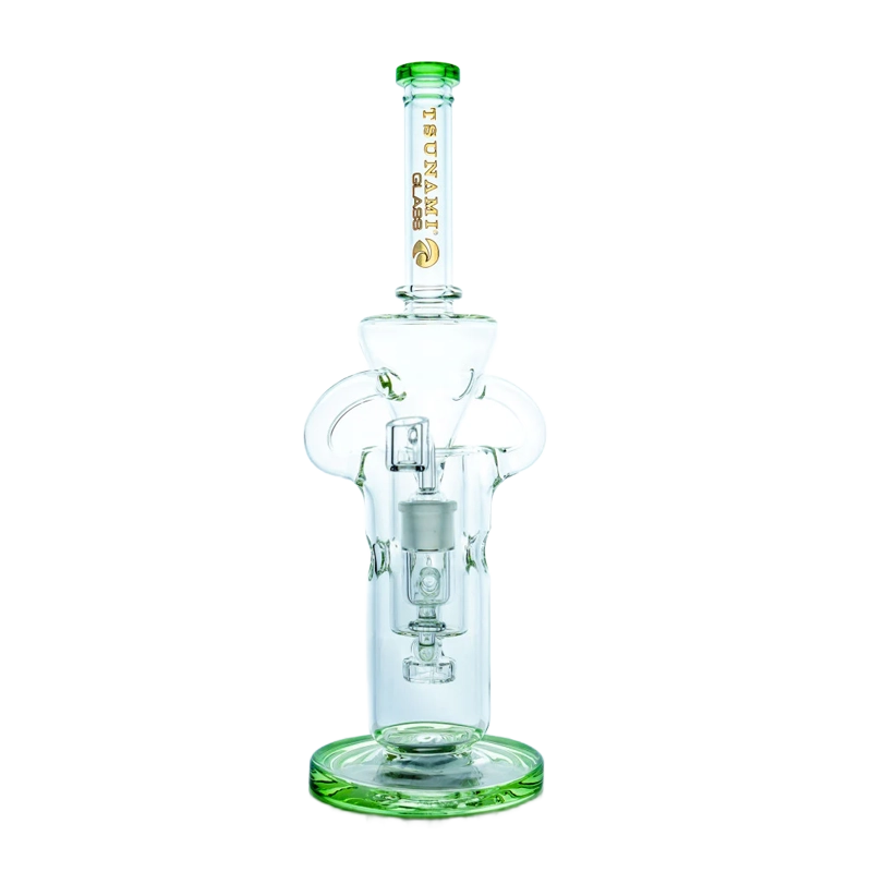 Tall 13-inch Tsunami water pipe and dab rig with showerhead percolator and beaker base, showcasing clear borosilicate glass construction.