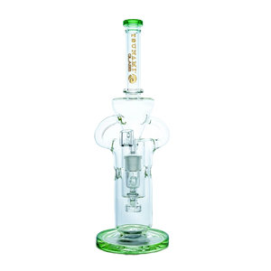 Tall 13-inch Tsunami water pipe and dab rig with showerhead percolator and beaker base, showcasing clear borosilicate glass construction.