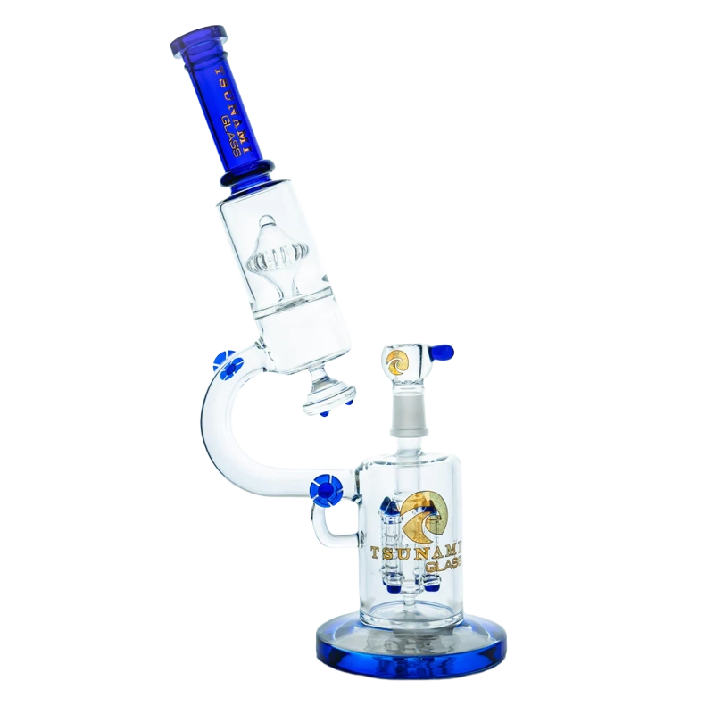 A 14-inch tall Tsunami glass water pipe featuring a detailed microscope quad rocket domed percolator and beaker base, clear glass.