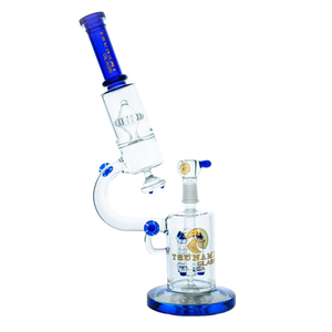 A 14-inch tall Tsunami glass water pipe featuring a detailed microscope quad rocket domed percolator and beaker base, clear glass.