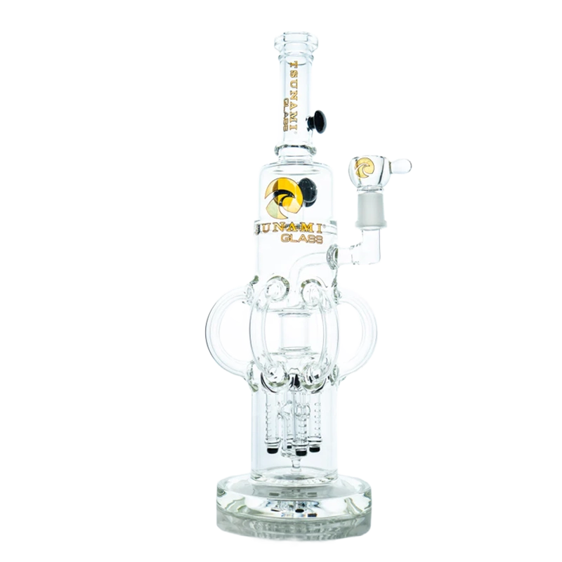 A 14-inch Tsunami glass water pipe featuring a unique Rocktapus quad rocket button percolator and stable beaker base on a plain background.