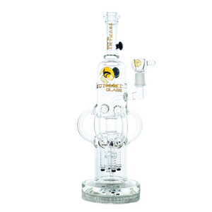 A 14-inch Tsunami glass water pipe featuring a unique Rocktapus quad rocket button percolator and stable beaker base on a plain background.