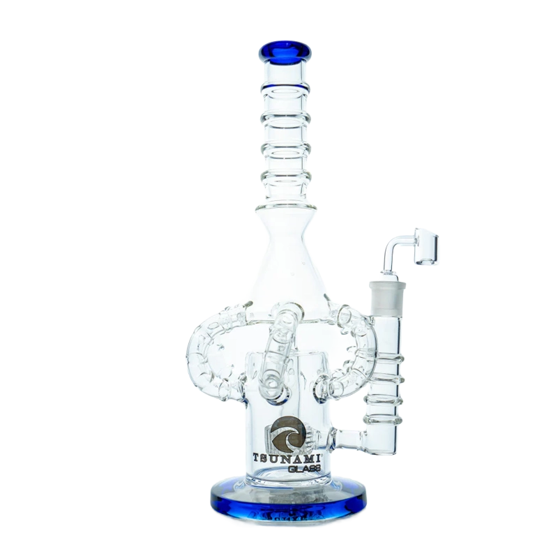Tall 14-inch Tsunami glass water pipe featuring a multi-armed shower head octopus percolator and a wide beaker base, clear borosilicate glass.