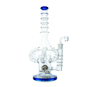 Tall 14-inch Tsunami glass water pipe featuring a multi-armed shower head octopus percolator and a wide beaker base, clear borosilicate glass.