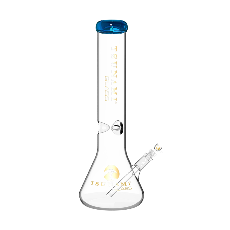 A 15-inch Tsunami straight tube glass water pipe with a wide beaker base and pinched ice catcher, clear borosilicate glass.
