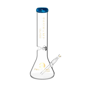 A 15-inch Tsunami straight tube glass water pipe with a wide beaker base and pinched ice catcher, clear borosilicate glass.