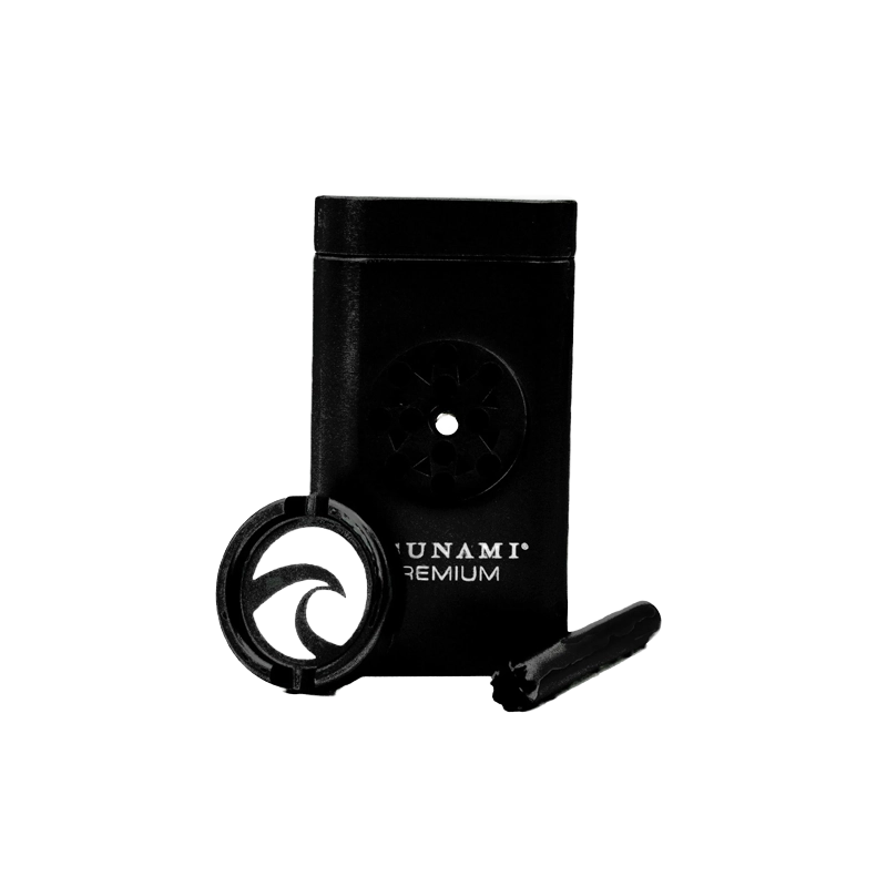 Tsunami 4-in-1 magnetic dugout kit open, showing grinder, storage chamber, loading tool, and magnetic closure on plain background.