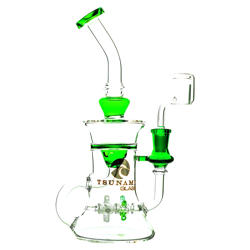 A compact 9-inch Tsunami water pipe and dab rig featuring a propeller-style recycler function, made of clear borosilicate glass.
