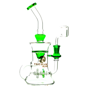 A compact 9-inch Tsunami water pipe and dab rig featuring a propeller-style recycler function, made of clear borosilicate glass.