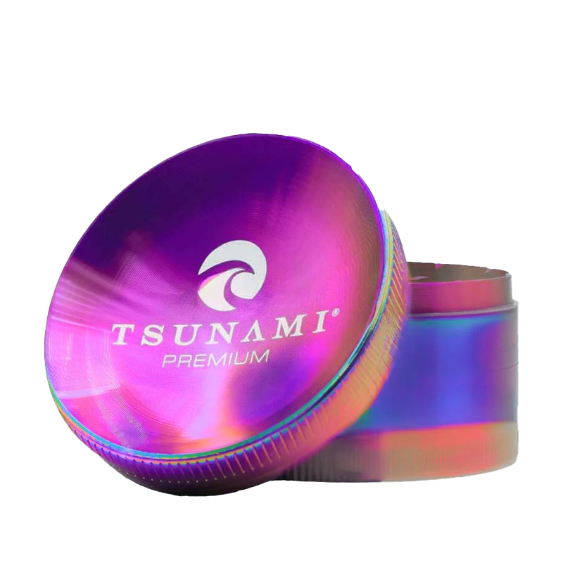 A large 75mm Tsunami herb grinder with caved top design, showing its sharp diamond teeth and multi-chamber construction.