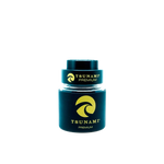 A 60mm Tsunami herb grinder with a clear glass storage jar attached, showing its multi-chamber design and sharp teeth.