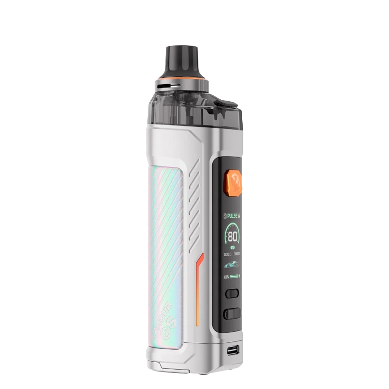 Vaporesso Armour GS 80W Pod Kit - rugged design with leather panels, 0.96" TFT display, and orange accent stitching.