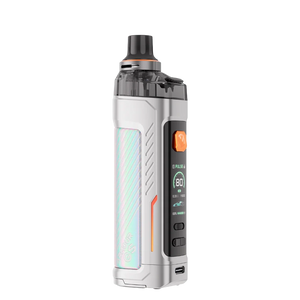 Vaporesso Armour GS 80W Pod Kit - rugged design with leather panels, 0.96" TFT display, and orange accent stitching.