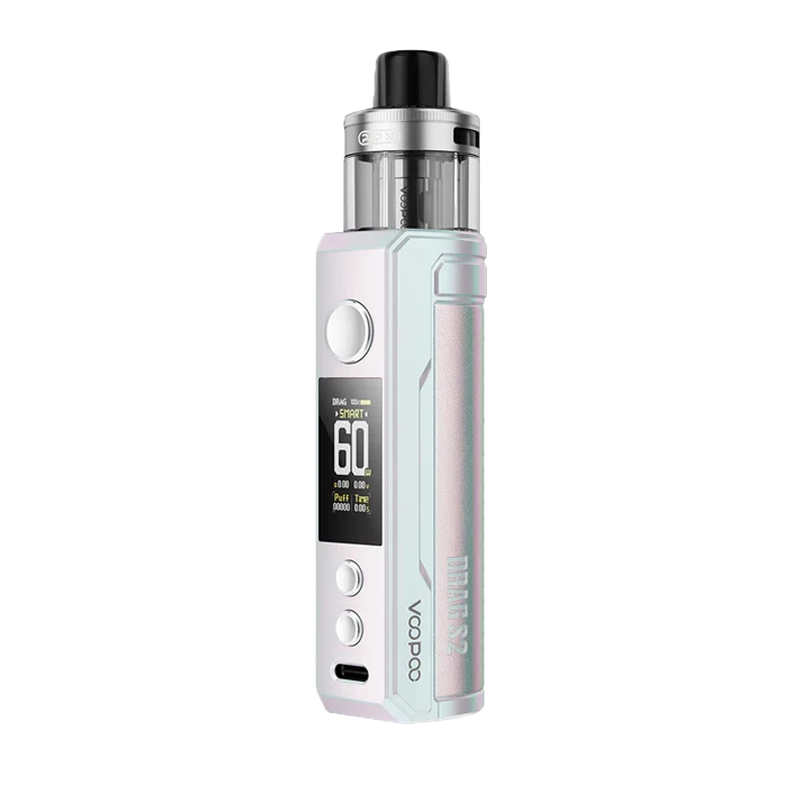 The VOOPOO Drag S2 Pod System Kit, showcasing its premium design, integrated battery, and smart screen on a neutral background.